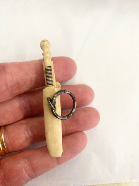 Late Victorian Miniature Bone Cricket Fob / Key Ring