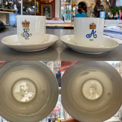 Very Rare Pair King Edward VII & Queen Alexandra Lithophane Cup & Saucers