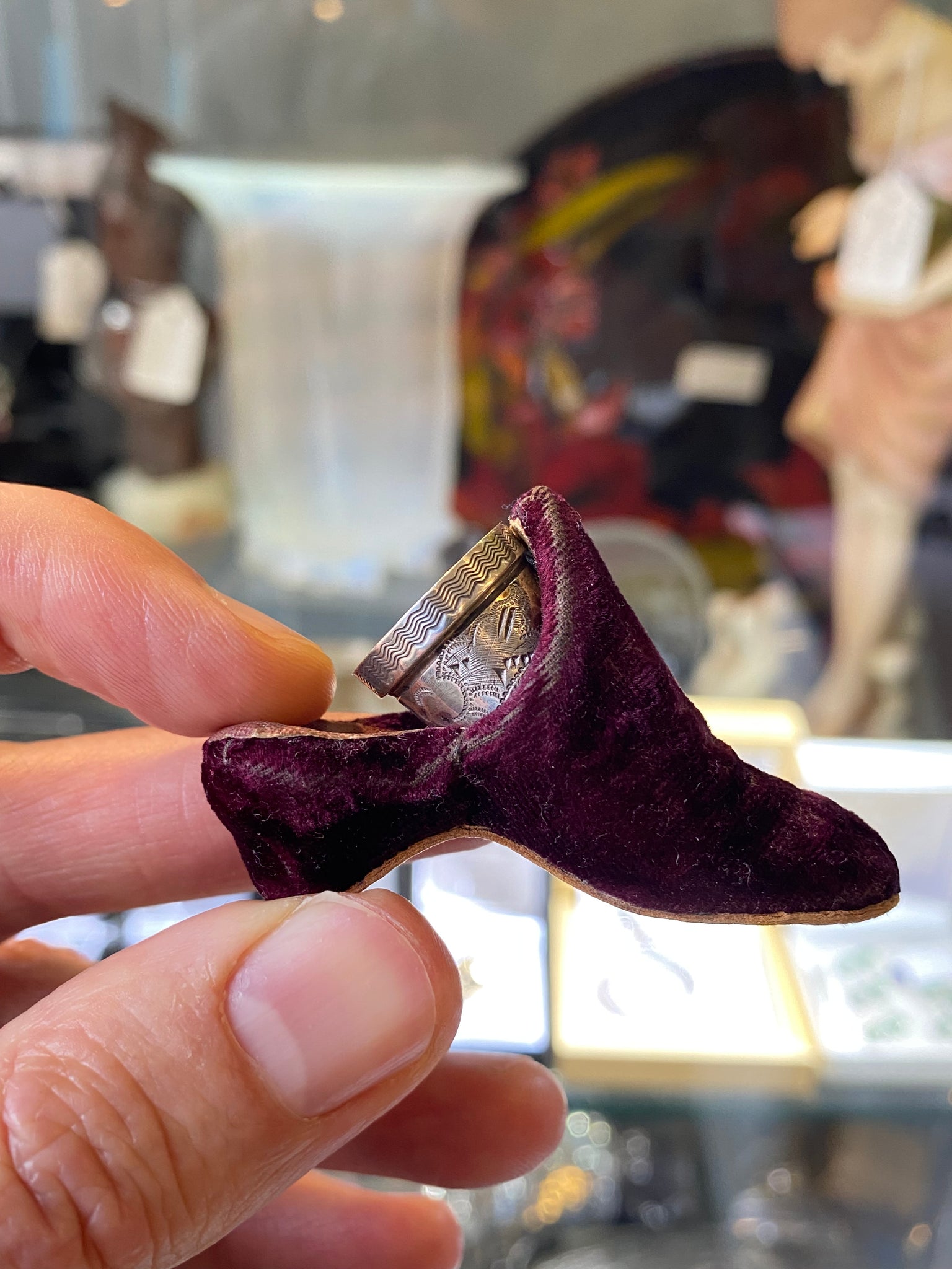 Antique 19th Century Novelty Velvet Slipper Thimble Holder & Silver Thimble