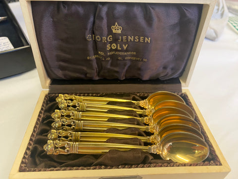 Set Of Six Gilded Silver George Jensen Spoons Boxed c.1930s