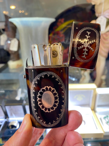 Antique Georgian Tortoiseshell & Silver Inlaid Etui
