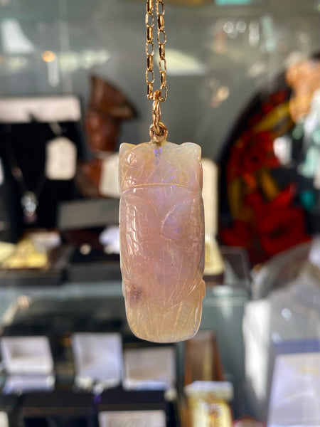 Carved Opal Owl Pendant On 9ct Gold Chain & Victorian Jewel Box