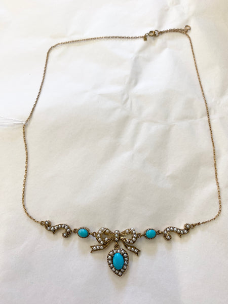 Antique Gold, Turquoise & Seed Pearl Necklace