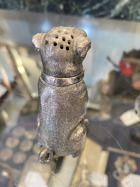 Antique Victorian Novelty Pewter Pug Dog Pounce Pot