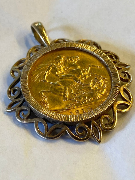 Antique Full Gold Sovereign (1910) In 9ct Gold Pendant Mount