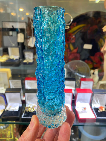 Small Kingfisher Blue Whitefriars Glass Finger Vase