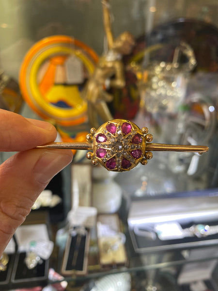 Antique Victorian 15ct Gold, Ruby & Diamonds Brooch