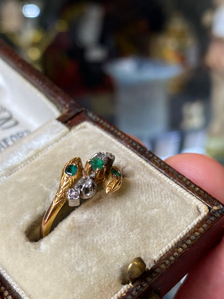 Antique 18ct Gold French Emerald & Diamond Serpent Ring