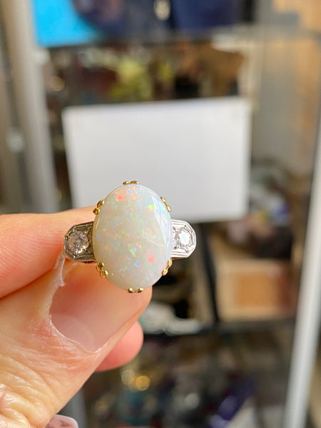 Art Deco Platinum, 18ct Gold, Opal & Diamond Ring