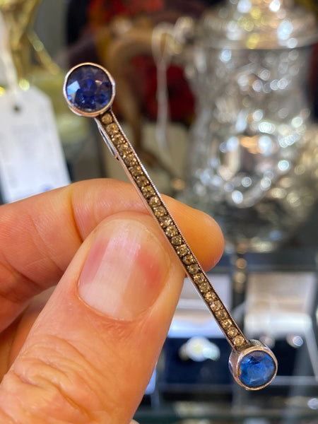 Art Deco 1930’s Silver Bar Brooch With Blue Stones