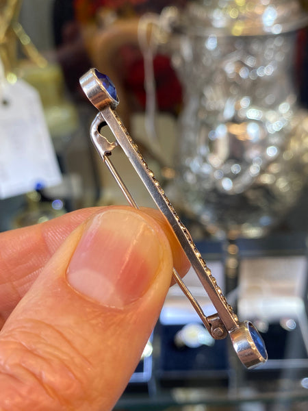 Art Deco 1930’s Silver Bar Brooch With Blue Stones