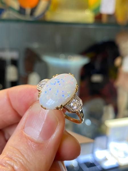 Art Deco Platinum, 18ct Gold, Opal & Diamond Ring