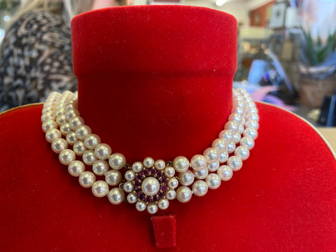 Stunning 9ct Gold, Ruby & Pearl Choker Necklace