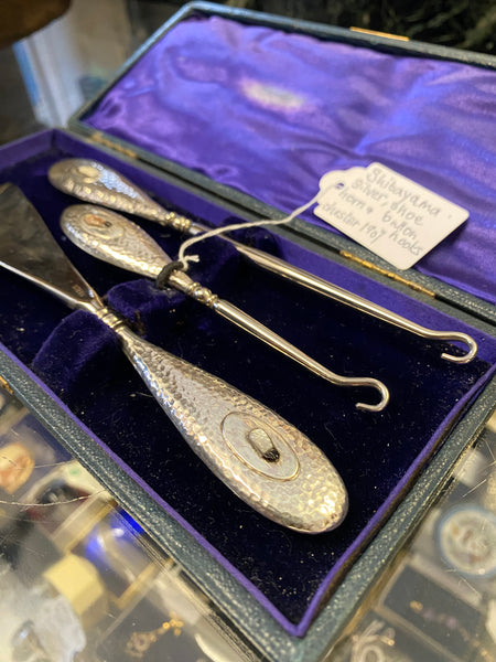 Antique Sterling Silver Shibayama Shoe Horn & Button Hooks Set Chester 1907