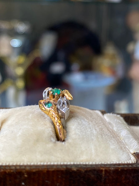 Antique 18ct Gold French Emerald & Diamond Serpent Ring