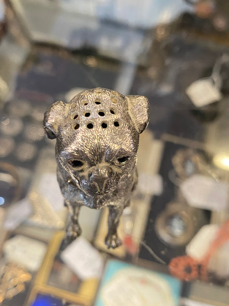 Antique Victorian Novelty Pewter Pug Dog Pounce Pot