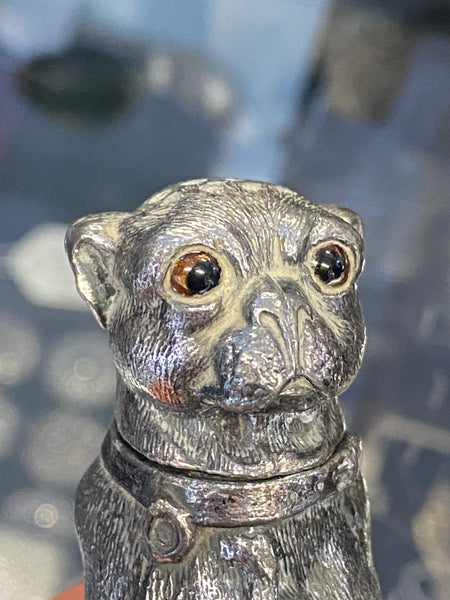 Antique Victorian Novelty Pewter Pug Dog Pounce Pot