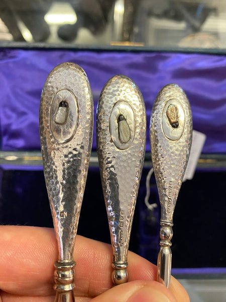 Antique Sterling Silver Shibayama Shoe Horn & Button Hooks Set Chester 1907