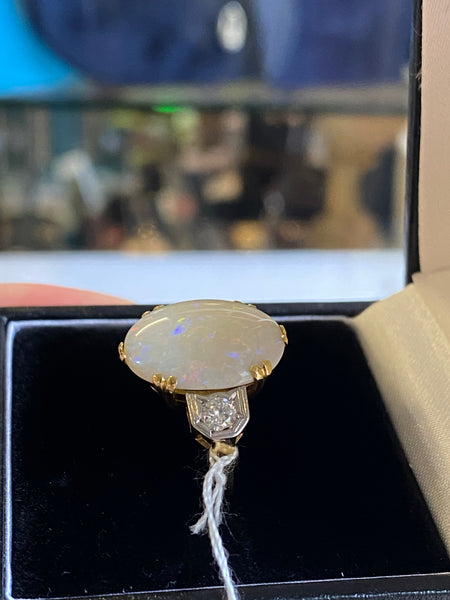 Art Deco Platinum, 18ct Gold, Opal & Diamond Ring