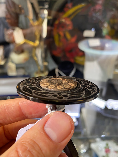 Antique 19th Century Whitby Jet Miniature Dolls House Table With Inlaid Ammonite