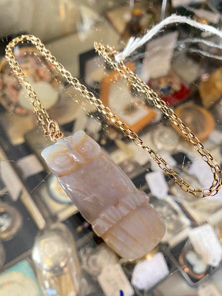 Carved Opal Owl Pendant On 9ct Gold Chain & Victorian Jewel Box