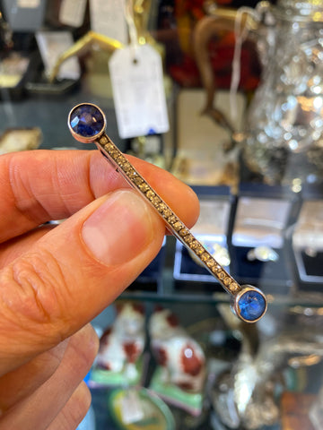 Art Deco 1930’s Silver Bar Brooch With Blue Stones
