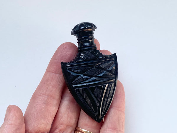 Rare Antique 19th Century Victorian Carved Whitby Jet Scent Bottle