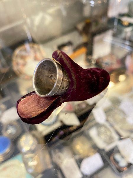 Antique 19th Century Novelty Velvet Slipper Thimble Holder & Silver Thimble