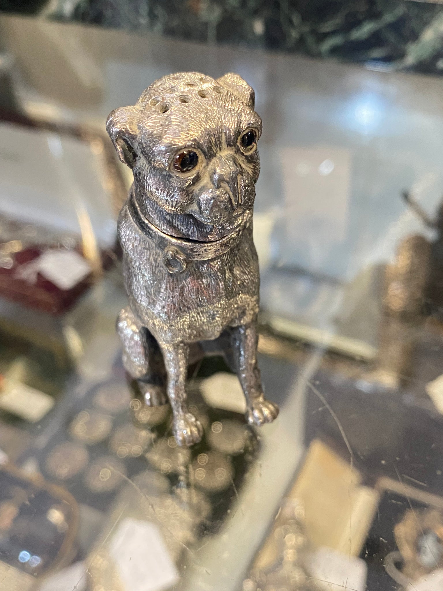 Antique Victorian Novelty Pewter Pug Dog Pounce Pot