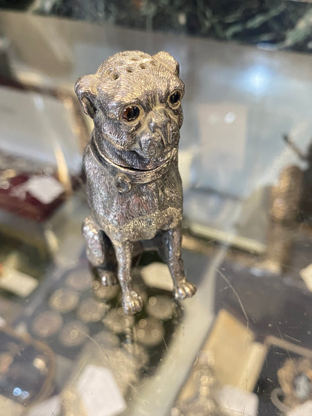 Antique Victorian Novelty Pewter Pug Dog Pounce Pot