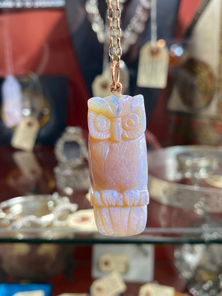 Carved Opal Owl Pendant On 9ct Gold Chain & Victorian Jewel Box