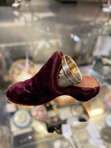 Antique 19th Century Novelty Velvet Slipper Thimble Holder & Silver Thimble