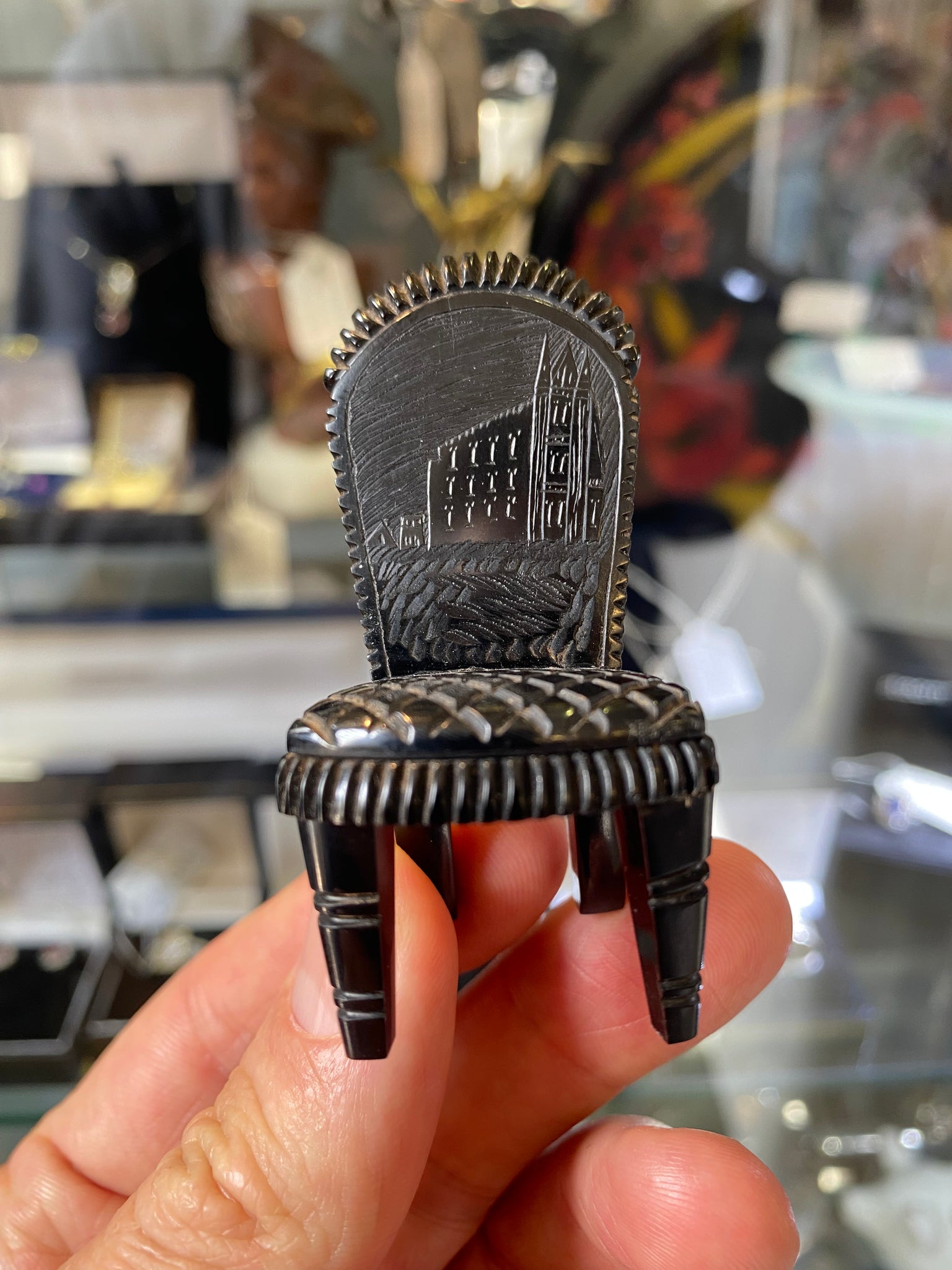 Antique 19th Century Whitby Jet Miniature Dolls House Chair With Whitby Abbey Engraving