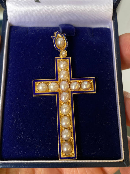 Antique 19th Century Victorian 18ct Gold & Seed Pearl Mourning Cross Pendant