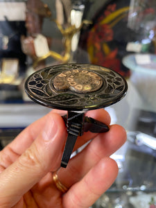 Antique 19th Century Whitby Jet Miniature Dolls House Table With Inlaid Ammonite