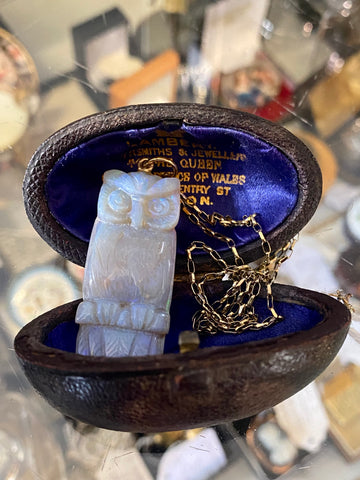 Carved Opal Owl Pendant On 9ct Gold Chain & Victorian Jewel Box