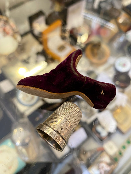 Antique 19th Century Novelty Velvet Slipper Thimble Holder & Silver Thimble