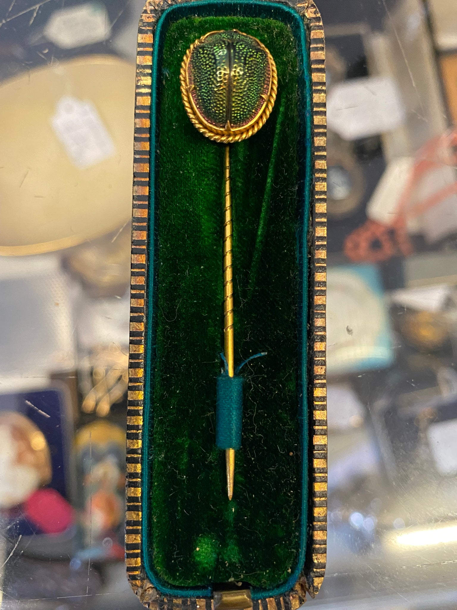 Antique Scarab Beetle Stickpin With Box