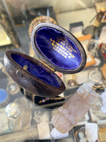 Carved Opal Owl Pendant On 9ct Gold Chain & Victorian Jewel Box