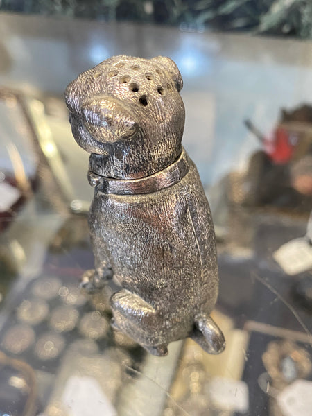 Antique Victorian Novelty Pewter Pug Dog Pounce Pot