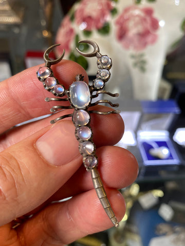 Antique Silver Cabochon Moonstone Scorpion Brooch