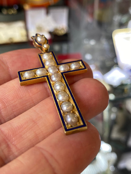 Antique 19th Century Victorian 18ct Gold & Seed Pearl Mourning Cross Pendant
