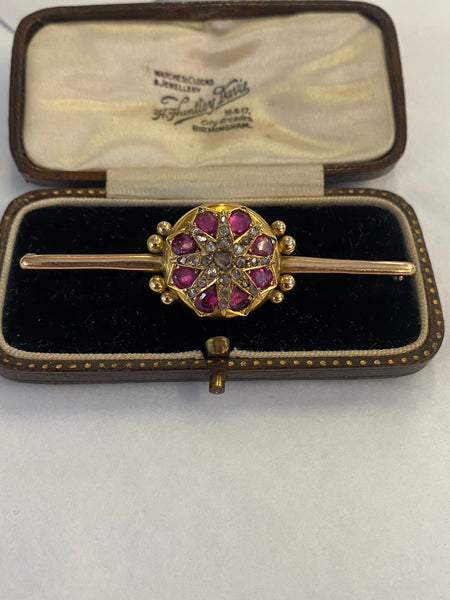 Antique Victorian 15ct Gold, Ruby & Diamonds Brooch