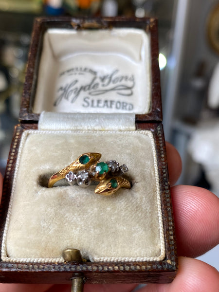 Antique 18ct Gold French Emerald & Diamond Serpent Ring