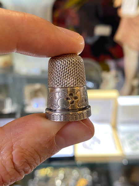 Antique 19th Century Novelty Velvet Slipper Thimble Holder & Silver Thimble