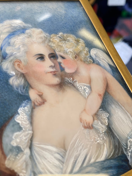 Antique Hand Painted Portrait Lady With Cherub