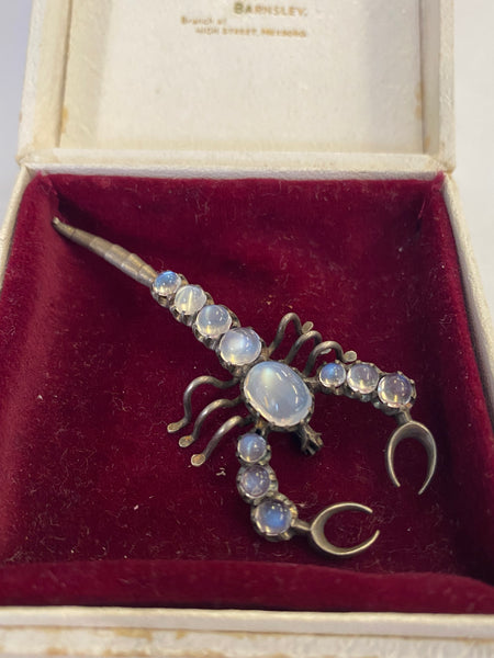 Antique Silver Cabochon Moonstone Scorpion Brooch