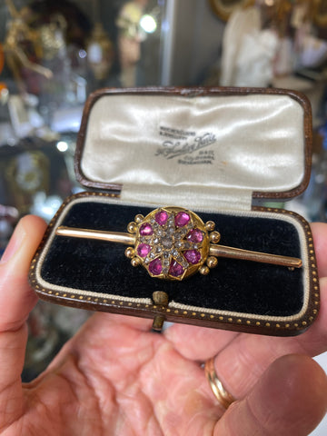 Antique Victorian 15ct Gold, Ruby & Diamonds Brooch