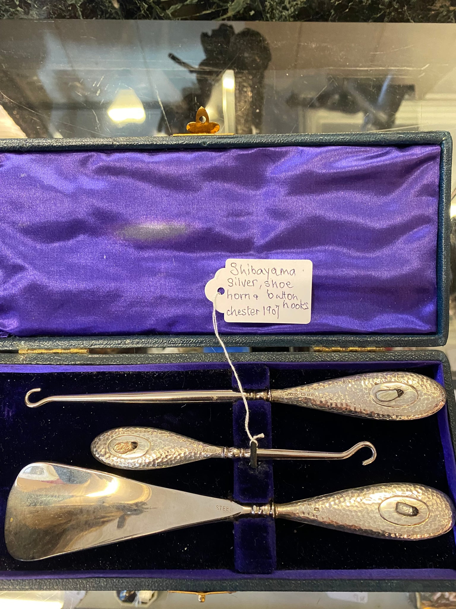 Antique Sterling Silver Shibayama Shoe Horn & Button Hooks Set Chester 1907