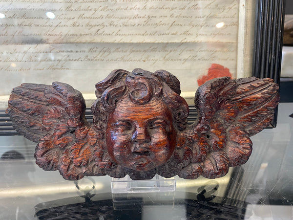 Antique 18th Century Carved Oak Winged Angel Putti